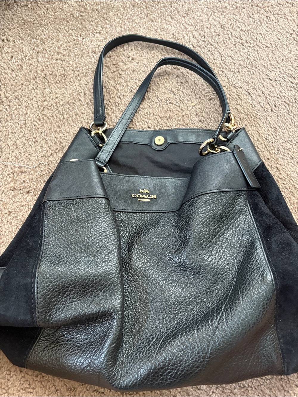 Coach Black Leather & Suede Shoulder Bag with Gold Hardware